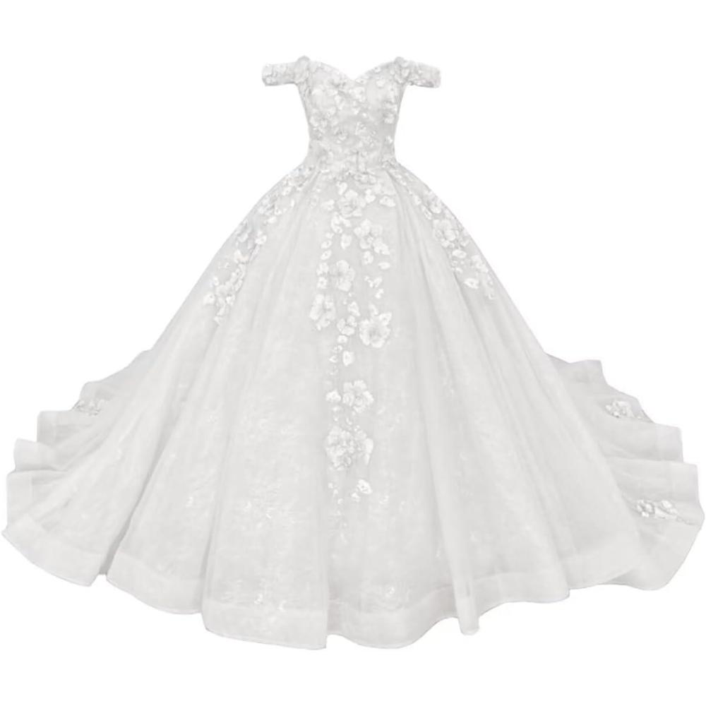 imageYoujiayi Princess Off Shoulder Quinceanera Dresses Puffy Tulle Sweet 16 Dress with Train Lace Beaded Long Ball Gown for WomenWhite
