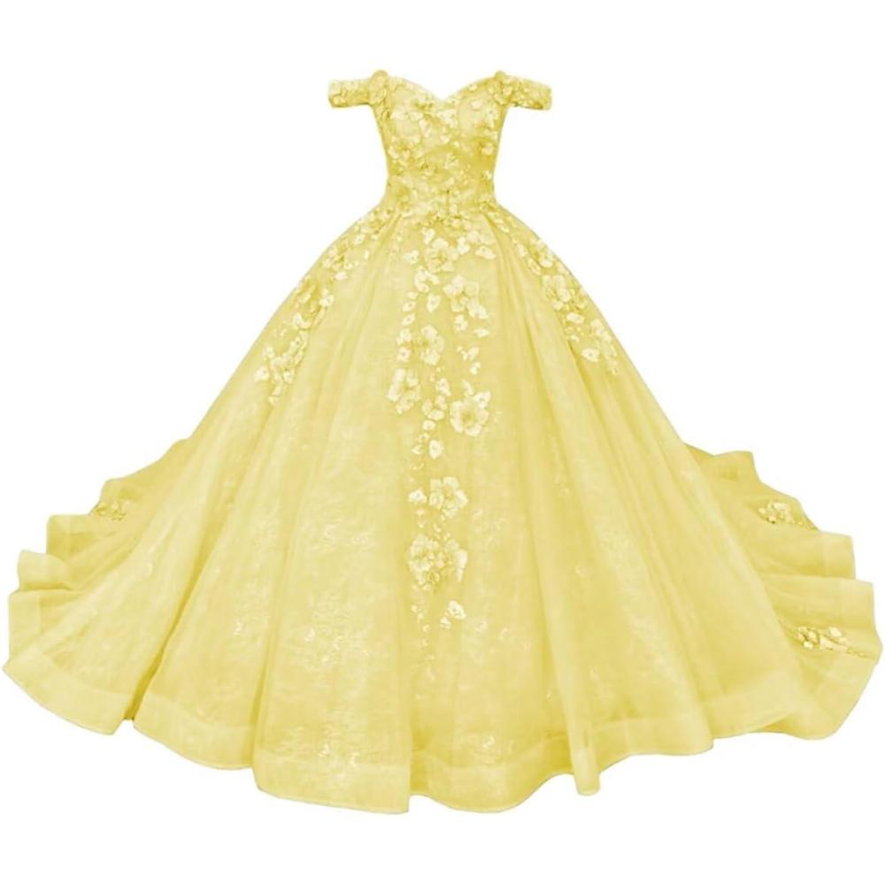 imageYoujiayi Princess Off Shoulder Quinceanera Dresses Puffy Tulle Sweet 16 Dress with Train Lace Beaded Long Ball Gown for WomenYellow