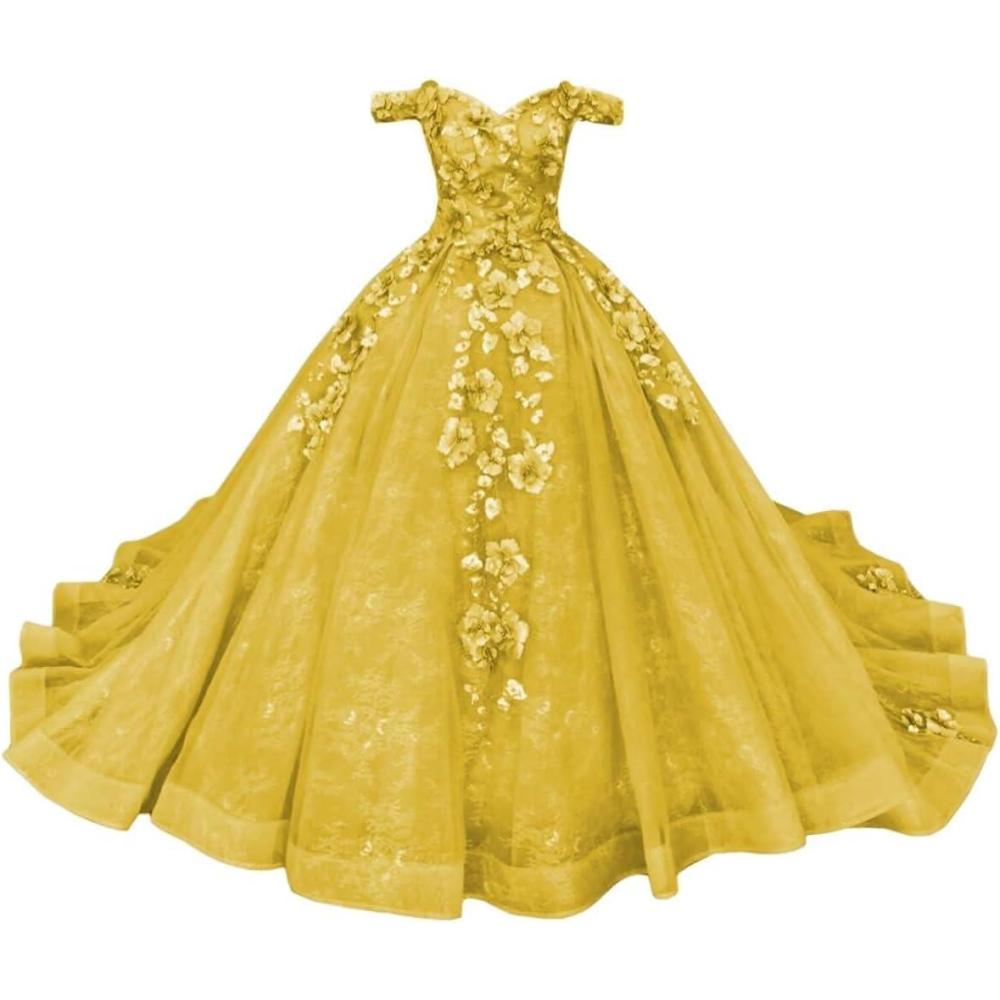 imageYoujiayi Princess Off Shoulder Quinceanera Dresses Puffy Tulle Sweet 16 Dress with Train Lace Beaded Long Ball Gown for WomenYellow Dark