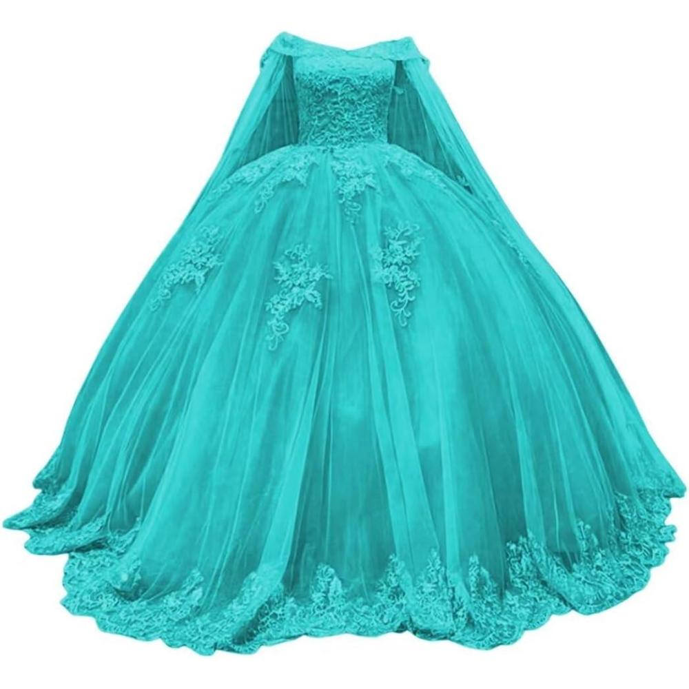 imageYoujiayi Princess Off Shoulder Quinceanera Dresses with Cape Puffy Tulle Sweet 16 Dress Lace Beaded Ball Gown with TrainAqua