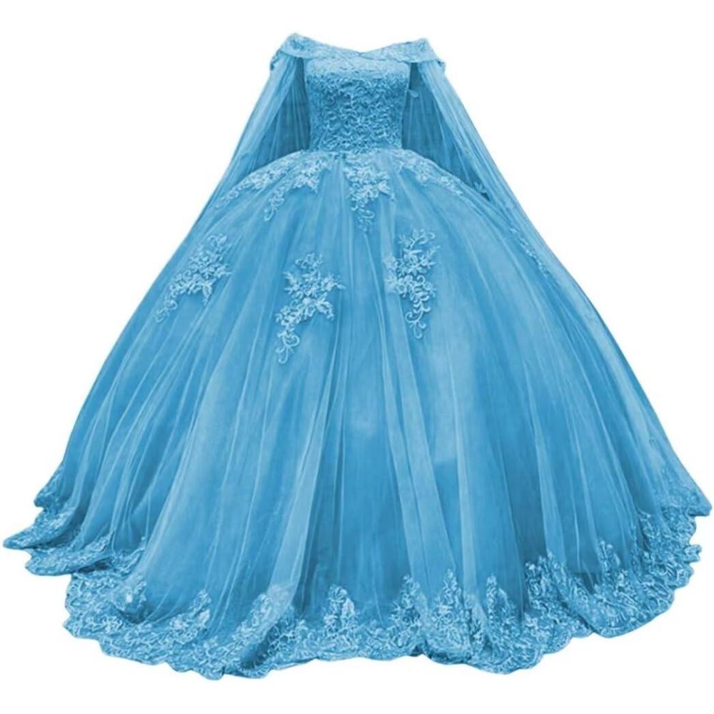 imageYoujiayi Princess Off Shoulder Quinceanera Dresses with Cape Puffy Tulle Sweet 16 Dress Lace Beaded Ball Gown with TrainBlue