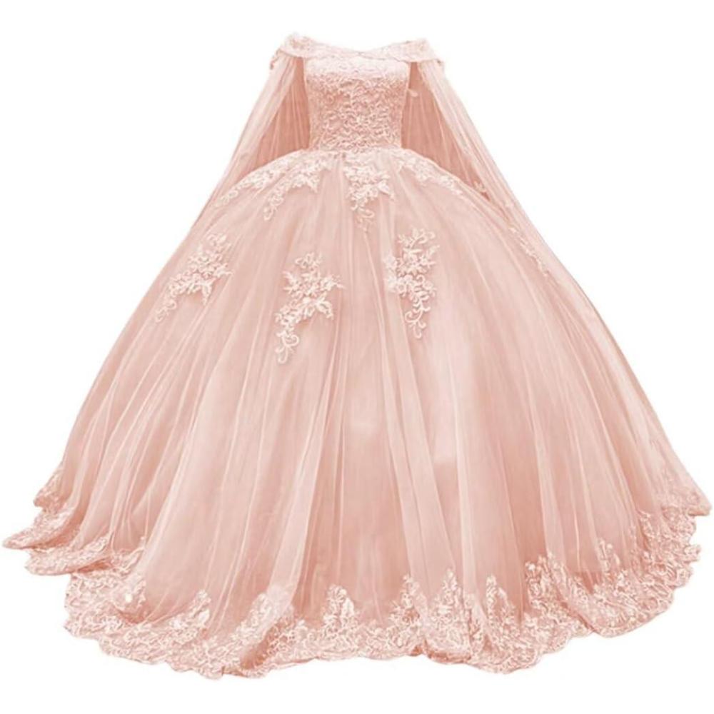 imageYoujiayi Princess Off Shoulder Quinceanera Dresses with Cape Puffy Tulle Sweet 16 Dress Lace Beaded Ball Gown with TrainBlush Pink