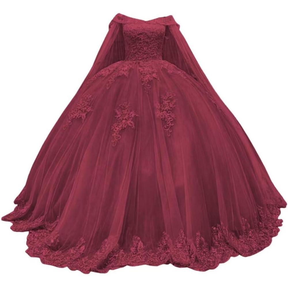 imageYoujiayi Princess Off Shoulder Quinceanera Dresses with Cape Puffy Tulle Sweet 16 Dress Lace Beaded Ball Gown with TrainBurgundy