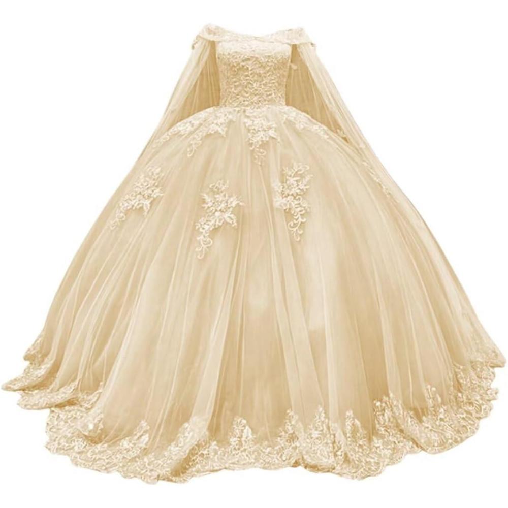 imageYoujiayi Princess Off Shoulder Quinceanera Dresses with Cape Puffy Tulle Sweet 16 Dress Lace Beaded Ball Gown with TrainChampagne