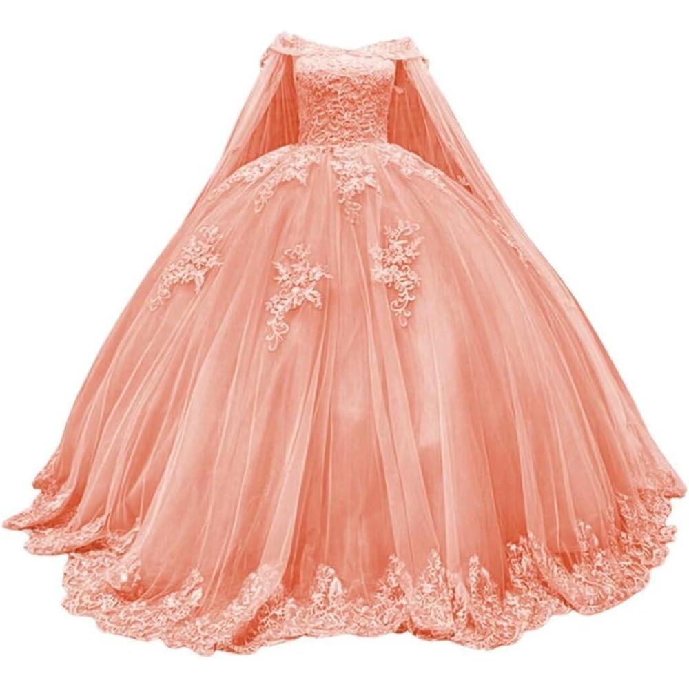 imageYoujiayi Princess Off Shoulder Quinceanera Dresses with Cape Puffy Tulle Sweet 16 Dress Lace Beaded Ball Gown with TrainCoral