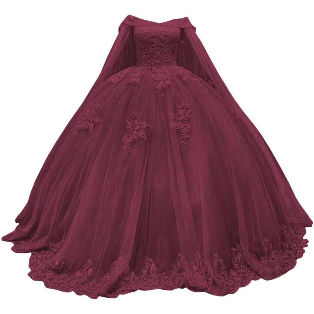 imageYoujiayi Princess Off Shoulder Quinceanera Dresses with Cape Puffy Tulle Sweet 16 Dress Lace Beaded Ball Gown with TrainDeep Burgundy