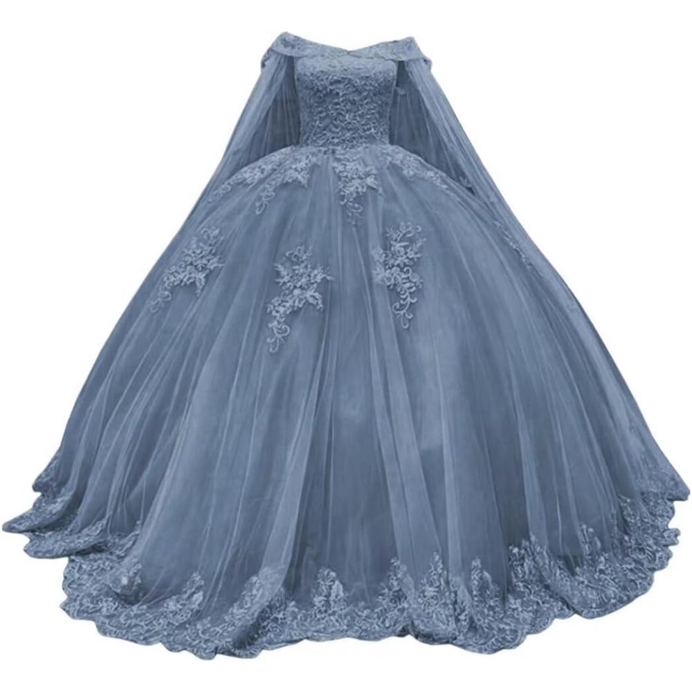 imageYoujiayi Princess Off Shoulder Quinceanera Dresses with Cape Puffy Tulle Sweet 16 Dress Lace Beaded Ball Gown with TrainDusty Blue