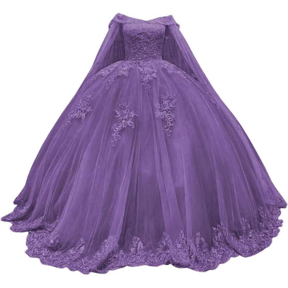 imageYoujiayi Princess Off Shoulder Quinceanera Dresses with Cape Puffy Tulle Sweet 16 Dress Lace Beaded Ball Gown with TrainDusty Purple