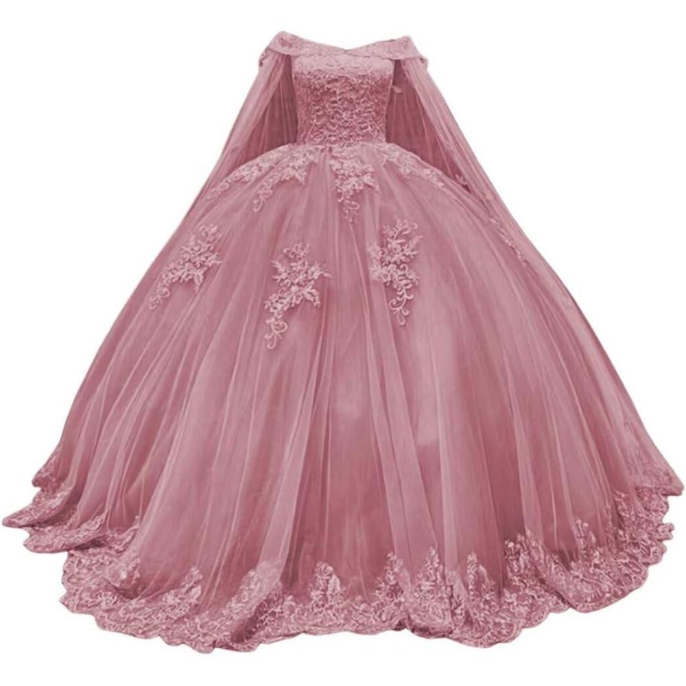 imageYoujiayi Princess Off Shoulder Quinceanera Dresses with Cape Puffy Tulle Sweet 16 Dress Lace Beaded Ball Gown with TrainDusty Rose