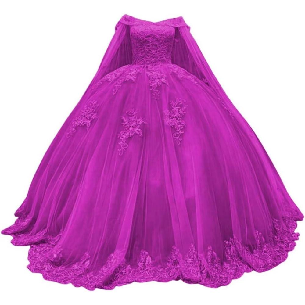 imageYoujiayi Princess Off Shoulder Quinceanera Dresses with Cape Puffy Tulle Sweet 16 Dress Lace Beaded Ball Gown with TrainFuchsia