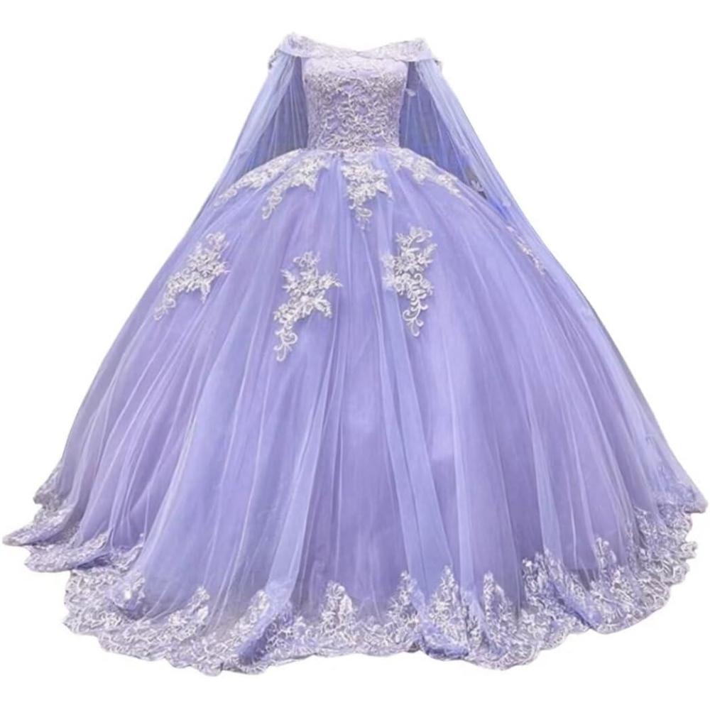 imageYoujiayi Princess Off Shoulder Quinceanera Dresses with Cape Puffy Tulle Sweet 16 Dress Lace Beaded Ball Gown with TrainLavender