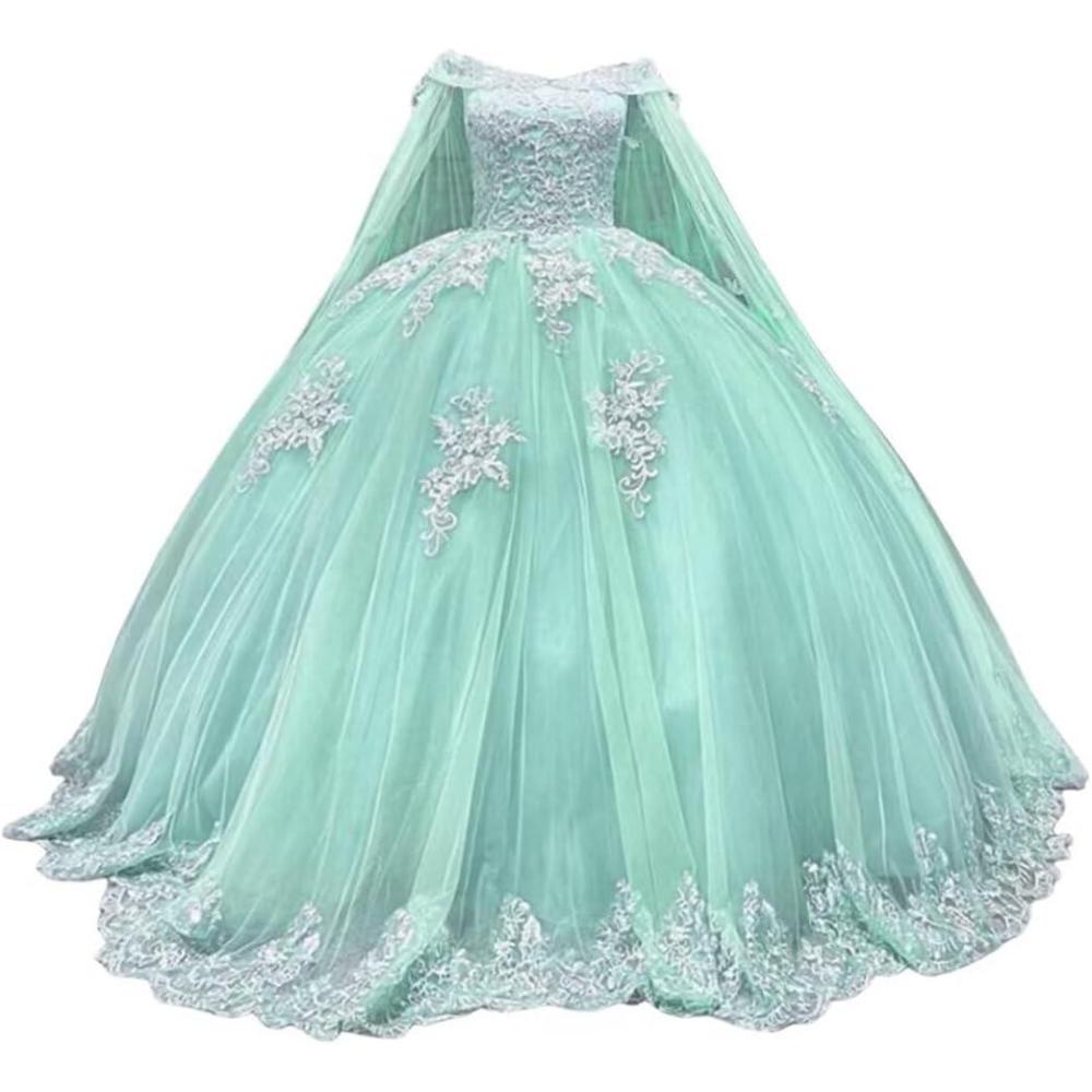 imageYoujiayi Princess Off Shoulder Quinceanera Dresses with Cape Puffy Tulle Sweet 16 Dress Lace Beaded Ball Gown with TrainMint