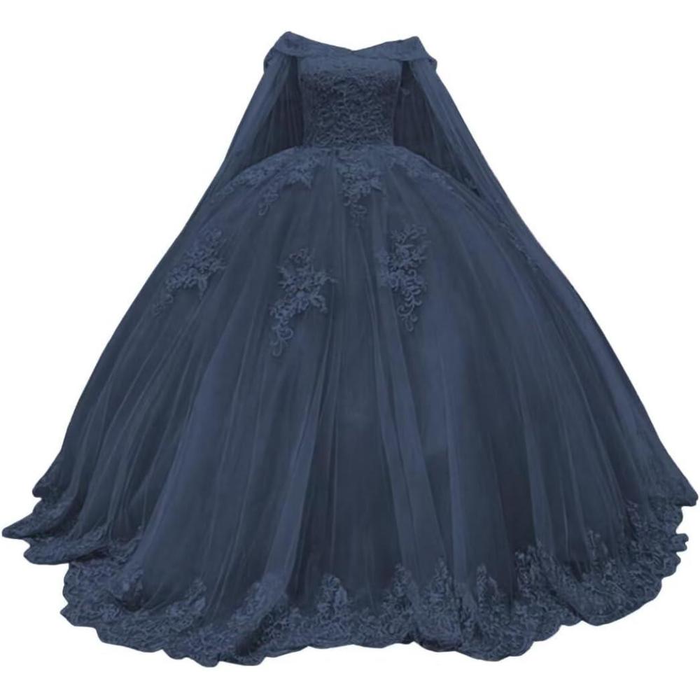 imageYoujiayi Princess Off Shoulder Quinceanera Dresses with Cape Puffy Tulle Sweet 16 Dress Lace Beaded Ball Gown with TrainNavy Blue