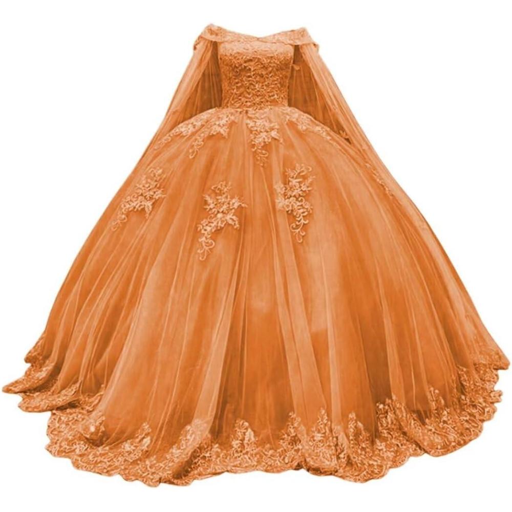 imageYoujiayi Princess Off Shoulder Quinceanera Dresses with Cape Puffy Tulle Sweet 16 Dress Lace Beaded Ball Gown with TrainOrange