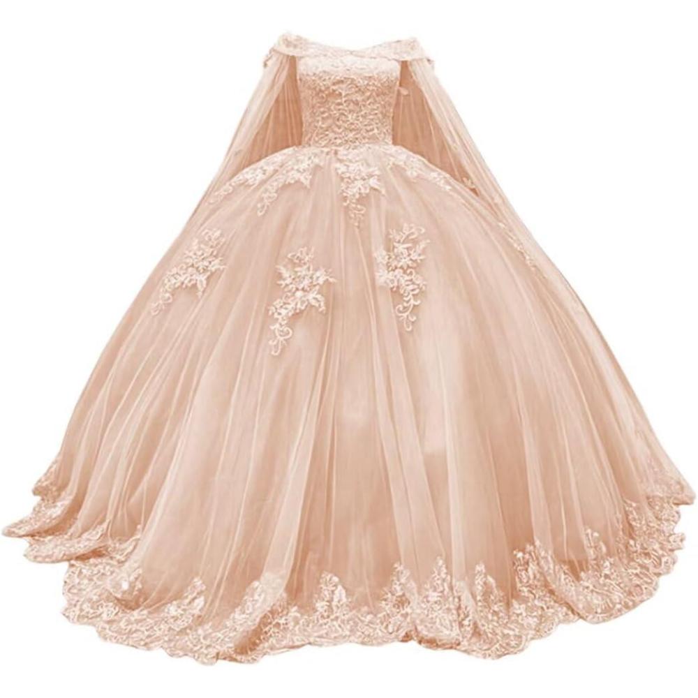 imageYoujiayi Princess Off Shoulder Quinceanera Dresses with Cape Puffy Tulle Sweet 16 Dress Lace Beaded Ball Gown with TrainPeach