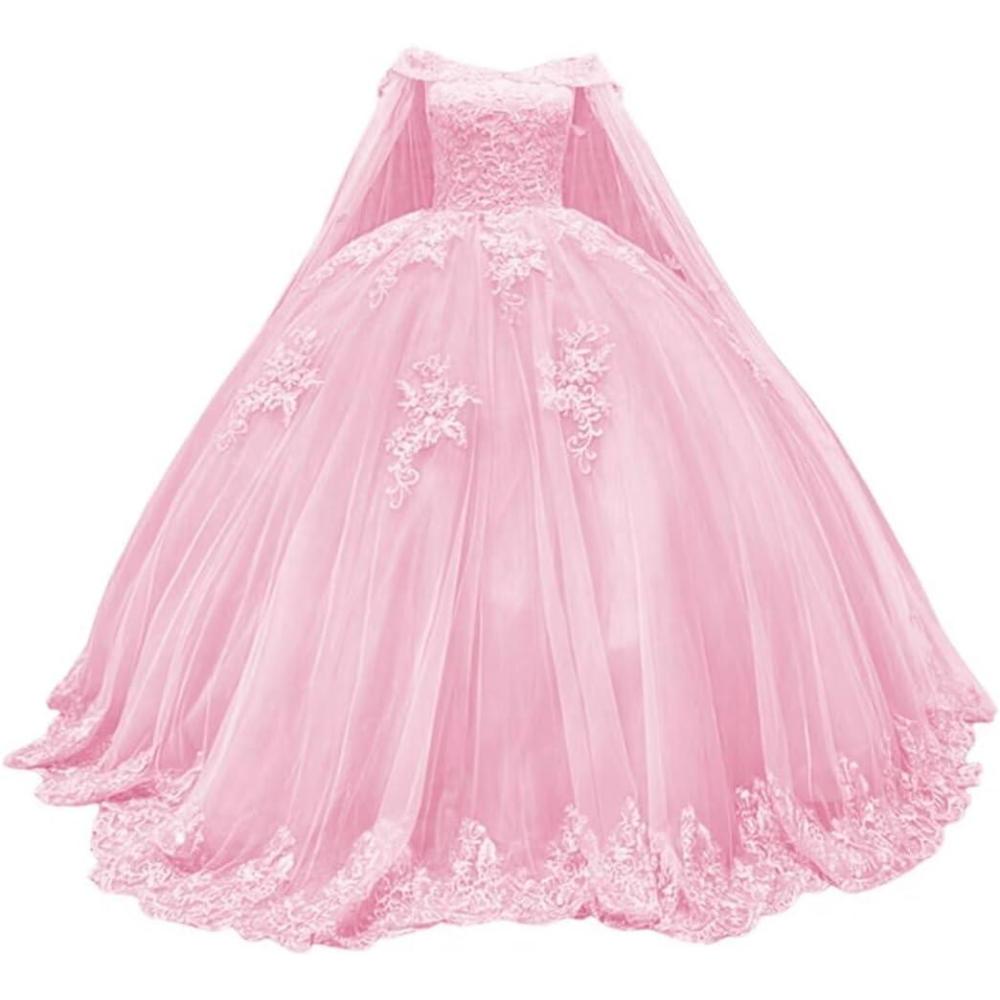 imageYoujiayi Princess Off Shoulder Quinceanera Dresses with Cape Puffy Tulle Sweet 16 Dress Lace Beaded Ball Gown with TrainPink