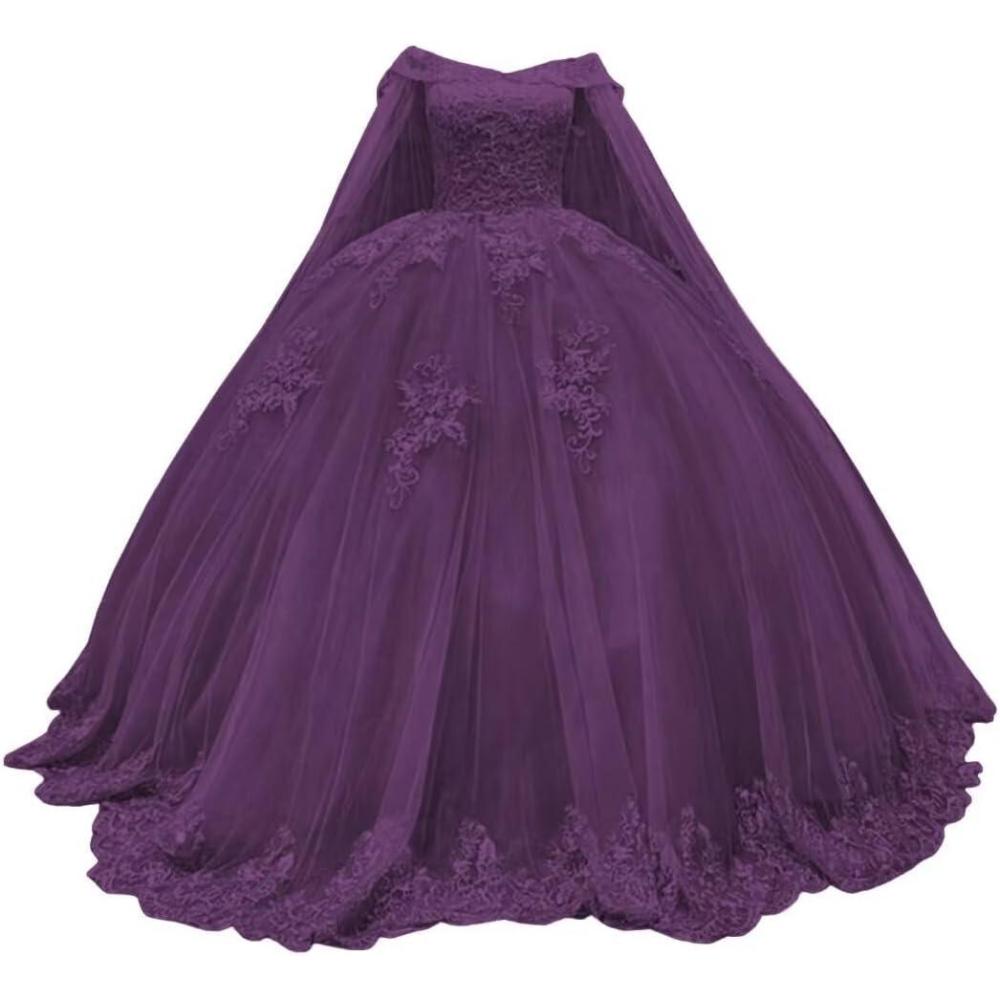imageYoujiayi Princess Off Shoulder Quinceanera Dresses with Cape Puffy Tulle Sweet 16 Dress Lace Beaded Ball Gown with TrainPlum