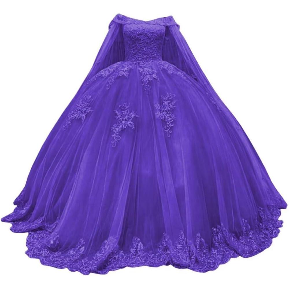 imageYoujiayi Princess Off Shoulder Quinceanera Dresses with Cape Puffy Tulle Sweet 16 Dress Lace Beaded Ball Gown with TrainPurple