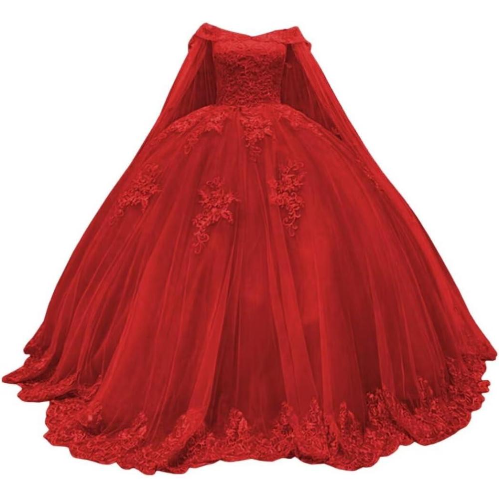 imageYoujiayi Princess Off Shoulder Quinceanera Dresses with Cape Puffy Tulle Sweet 16 Dress Lace Beaded Ball Gown with TrainRed