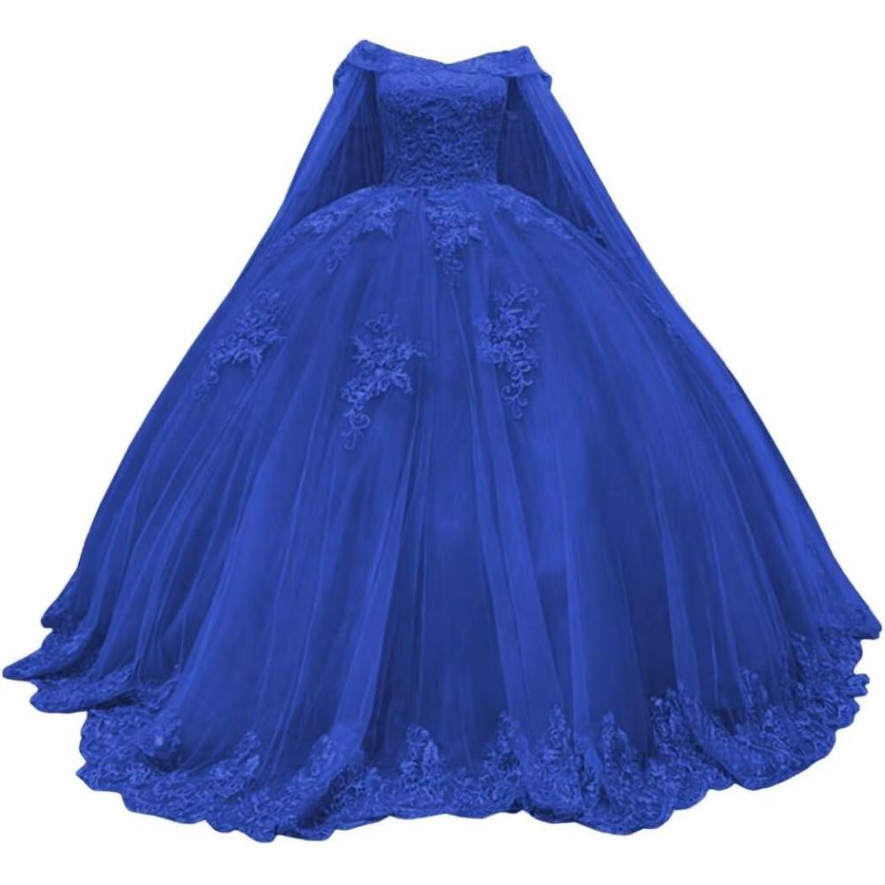 imageYoujiayi Princess Off Shoulder Quinceanera Dresses with Cape Puffy Tulle Sweet 16 Dress Lace Beaded Ball Gown with TrainRoyal Blue