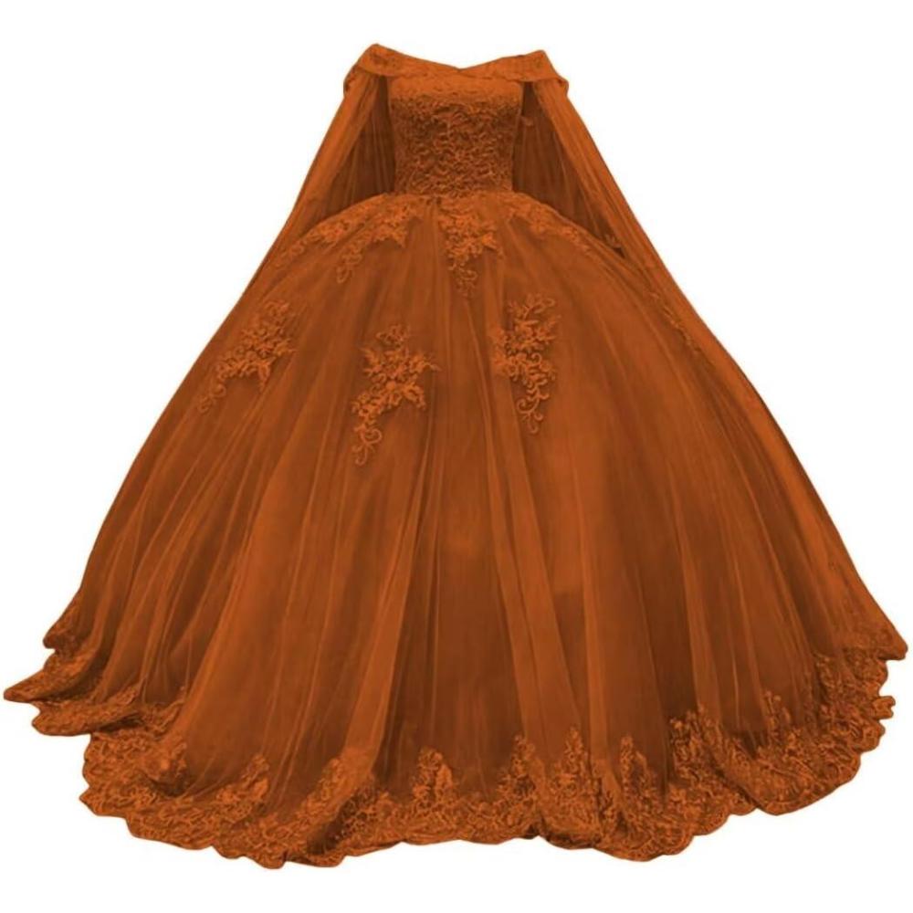 imageYoujiayi Princess Off Shoulder Quinceanera Dresses with Cape Puffy Tulle Sweet 16 Dress Lace Beaded Ball Gown with TrainRust