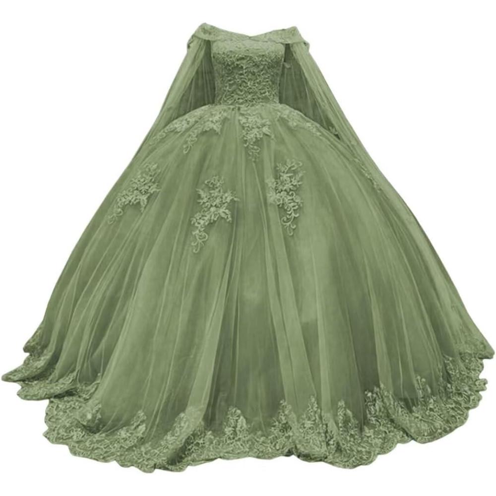 imageYoujiayi Princess Off Shoulder Quinceanera Dresses with Cape Puffy Tulle Sweet 16 Dress Lace Beaded Ball Gown with TrainSage