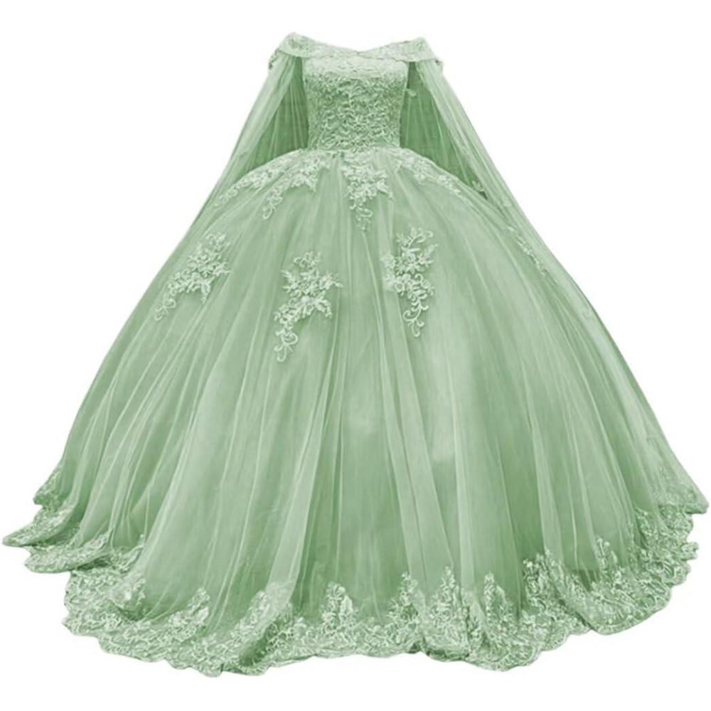 imageYoujiayi Princess Off Shoulder Quinceanera Dresses with Cape Puffy Tulle Sweet 16 Dress Lace Beaded Ball Gown with TrainSage Green