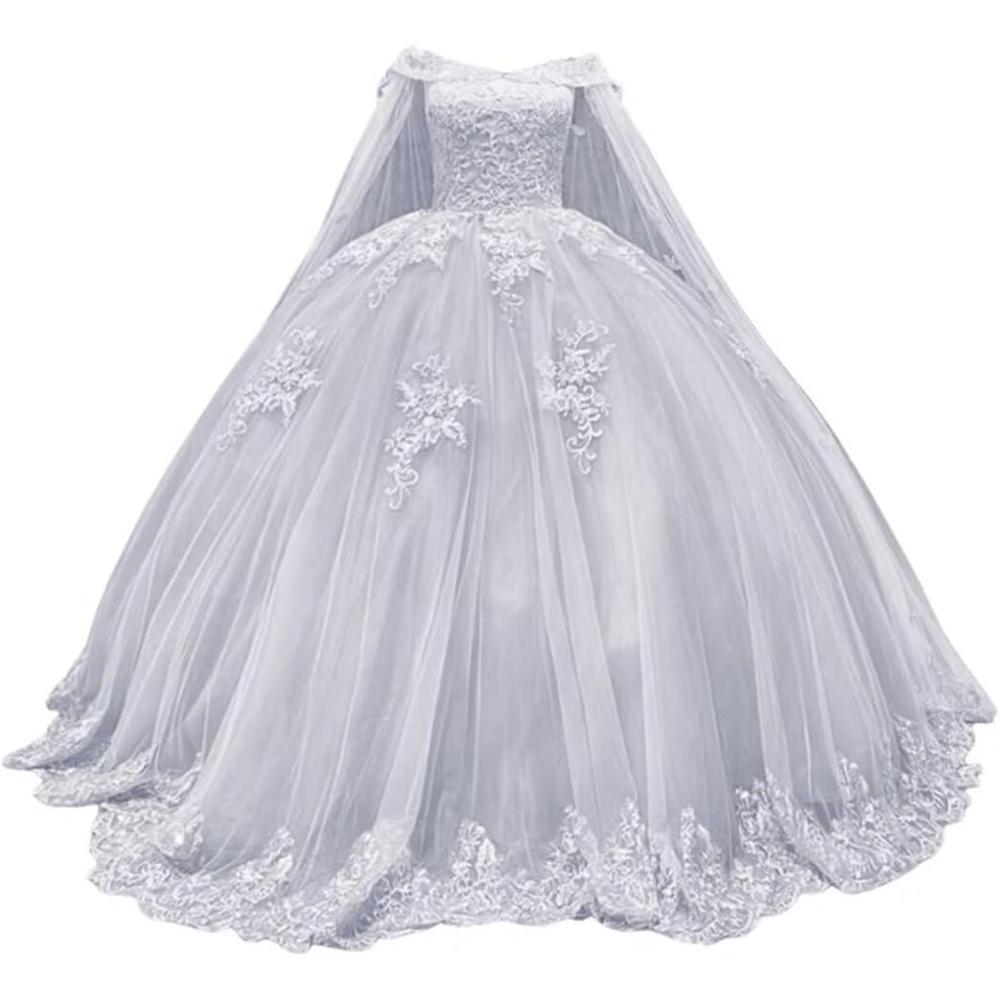 imageYoujiayi Princess Off Shoulder Quinceanera Dresses with Cape Puffy Tulle Sweet 16 Dress Lace Beaded Ball Gown with TrainSilver