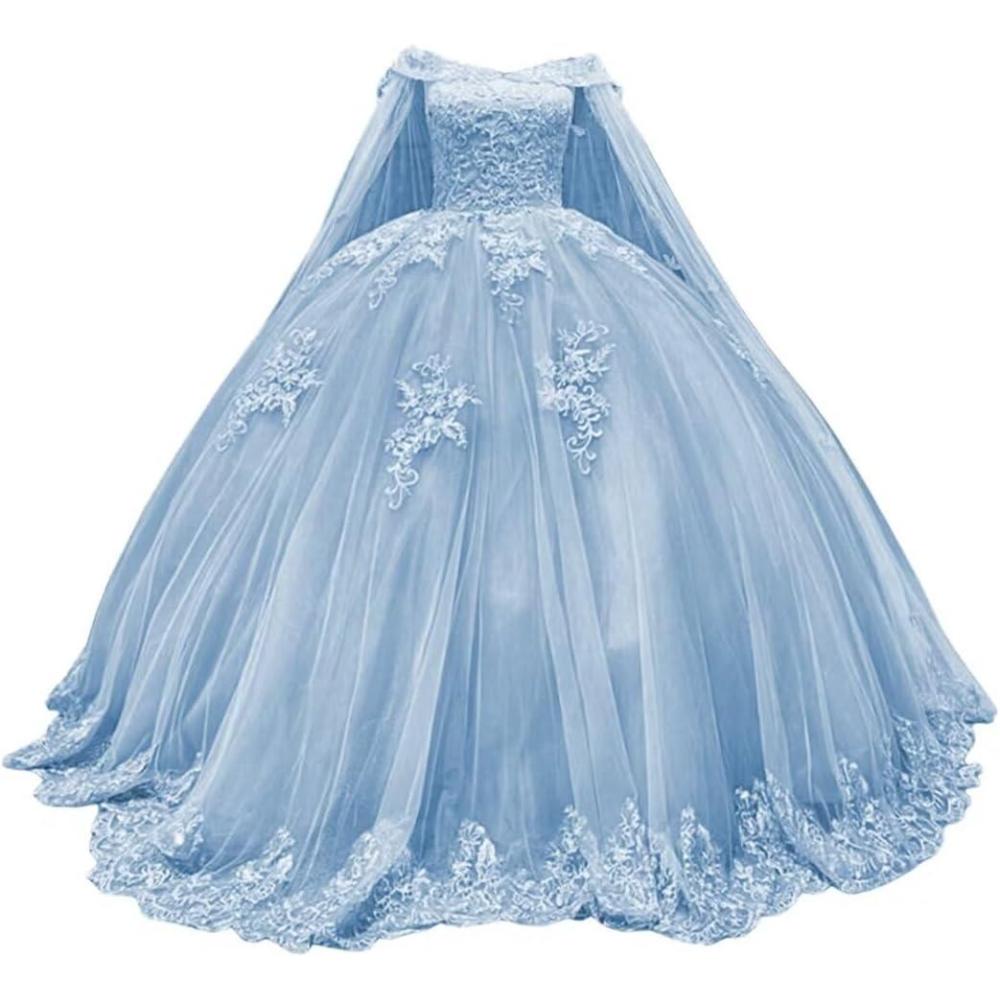 imageYoujiayi Princess Off Shoulder Quinceanera Dresses with Cape Puffy Tulle Sweet 16 Dress Lace Beaded Ball Gown with TrainSky Blue