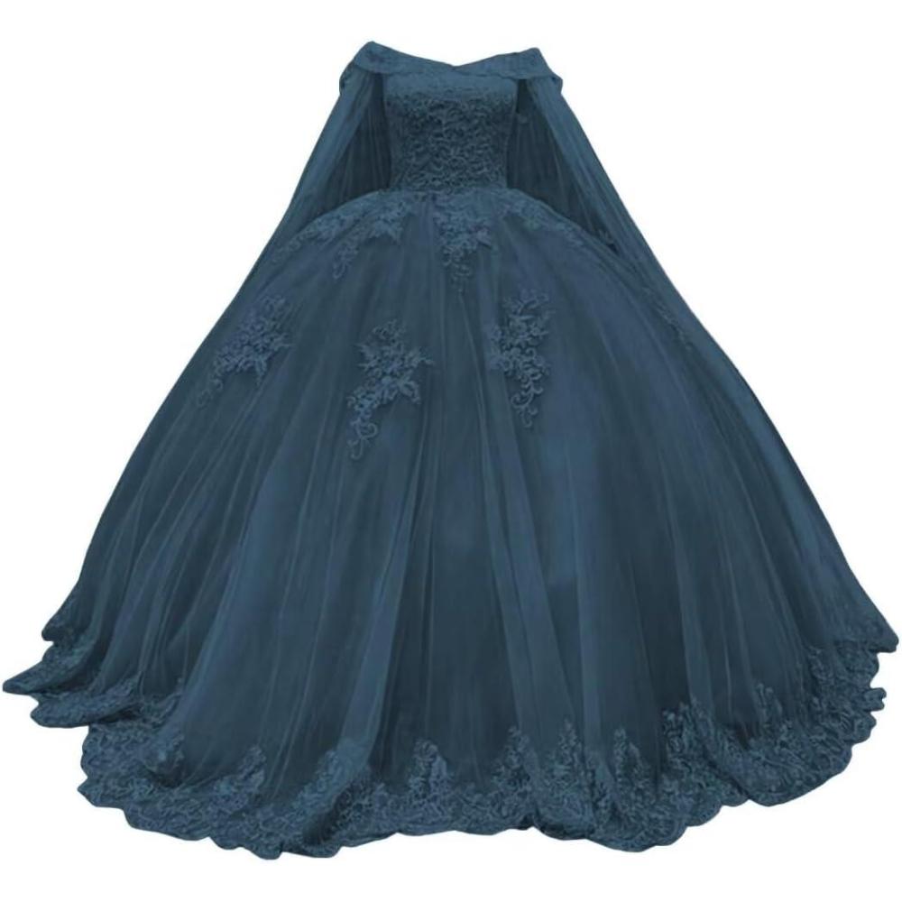 imageYoujiayi Princess Off Shoulder Quinceanera Dresses with Cape Puffy Tulle Sweet 16 Dress Lace Beaded Ball Gown with TrainTeal