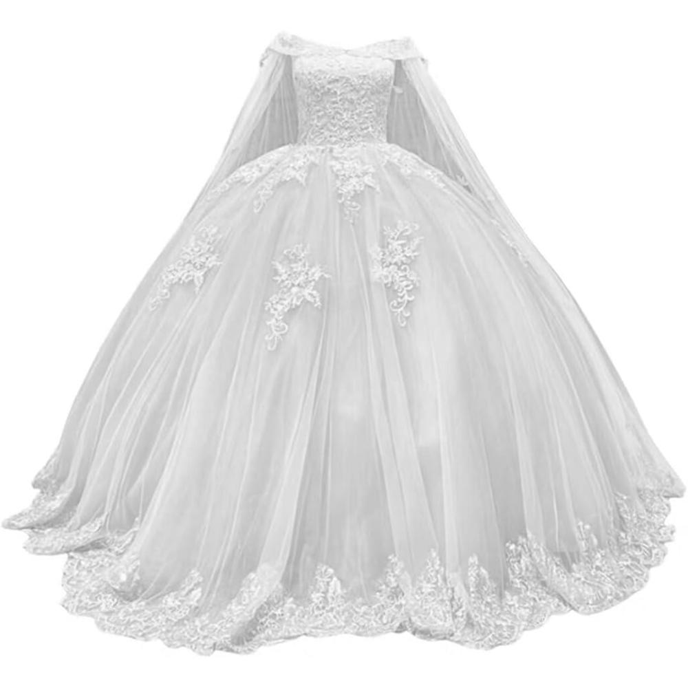 imageYoujiayi Princess Off Shoulder Quinceanera Dresses with Cape Puffy Tulle Sweet 16 Dress Lace Beaded Ball Gown with TrainWhite