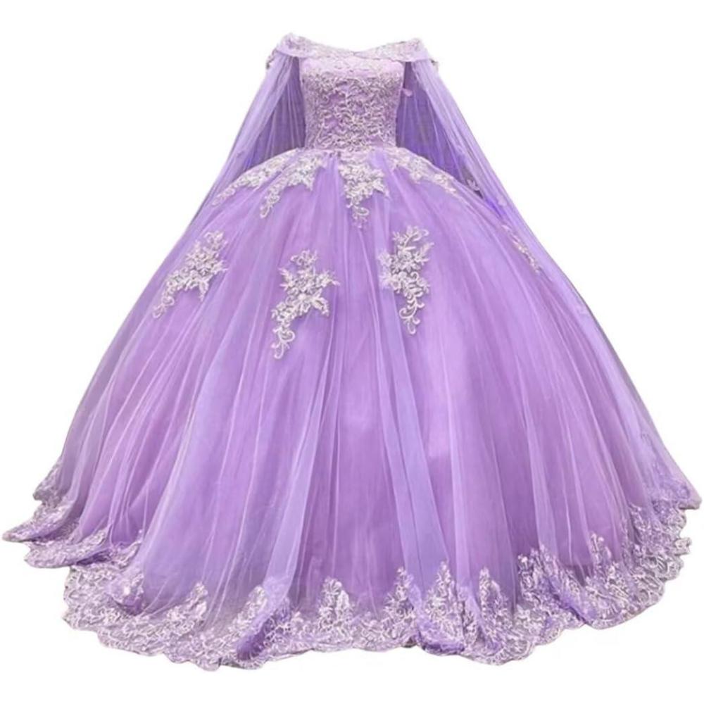 imageYoujiayi Princess Off Shoulder Quinceanera Dresses with Cape Puffy Tulle Sweet 16 Dress Lace Beaded Ball Gown with TrainWisteria