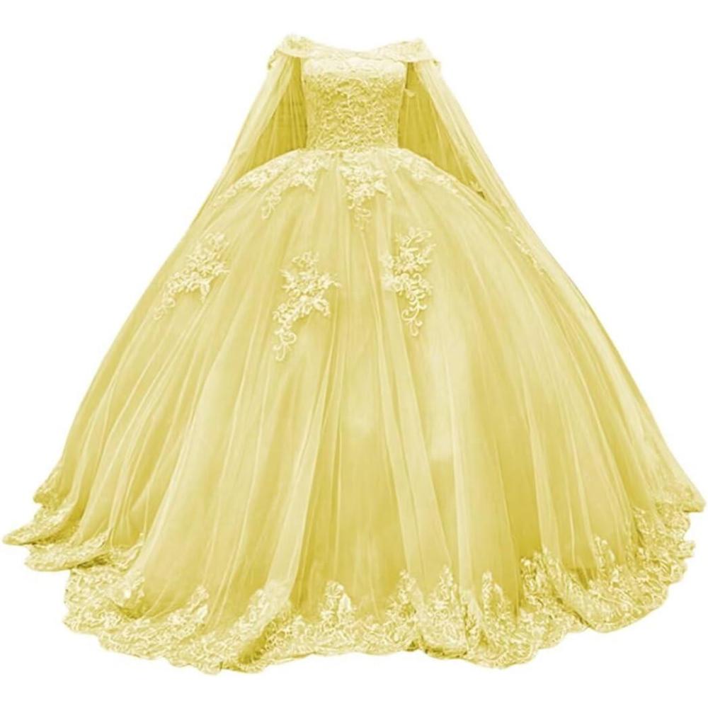 imageYoujiayi Princess Off Shoulder Quinceanera Dresses with Cape Puffy Tulle Sweet 16 Dress Lace Beaded Ball Gown with TrainYellow