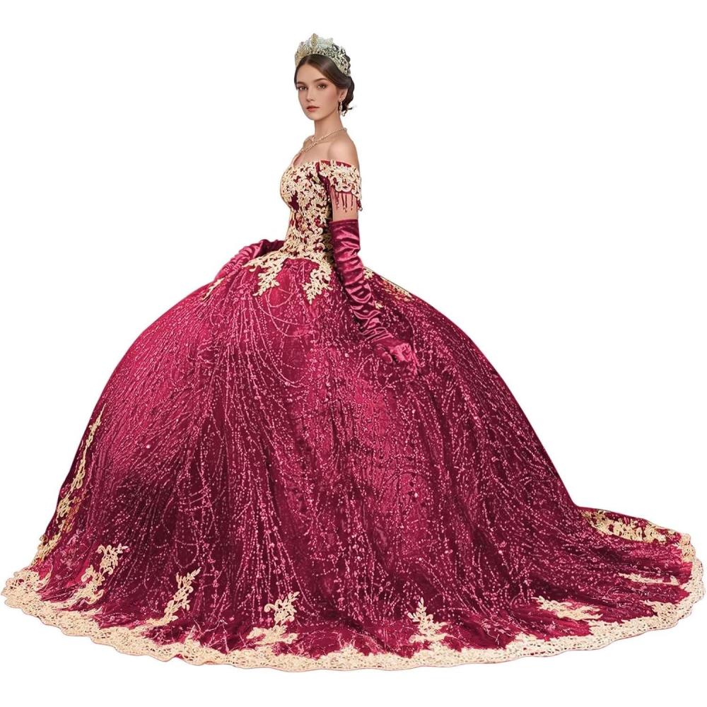 imageYoujiayi Sparkly Gold Appliques Quinceanera Dresses Puffy Tulle Sequin Ball Gown Off Shoulder Lace Beaded Sweet 16 DressesBerry