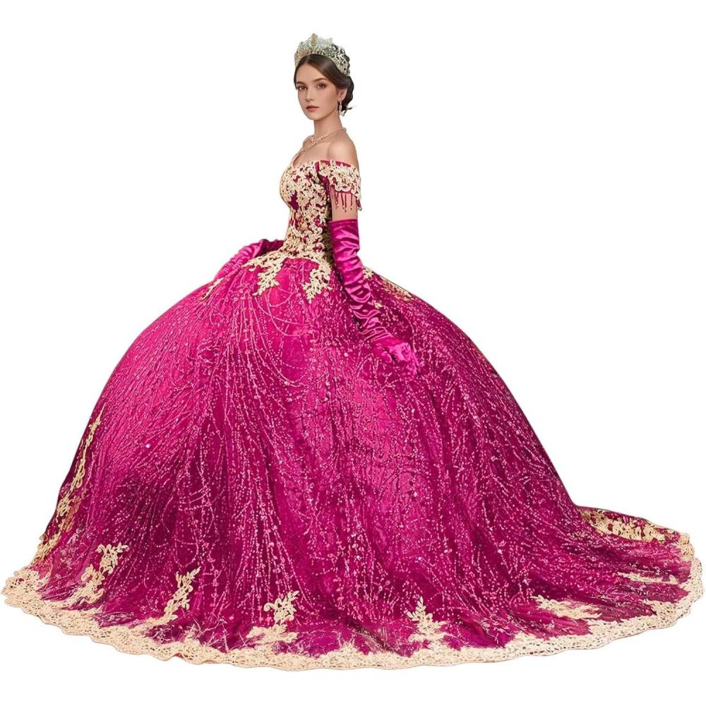 imageYoujiayi Sparkly Gold Appliques Quinceanera Dresses Puffy Tulle Sequin Ball Gown Off Shoulder Lace Beaded Sweet 16 DressesBright Pink