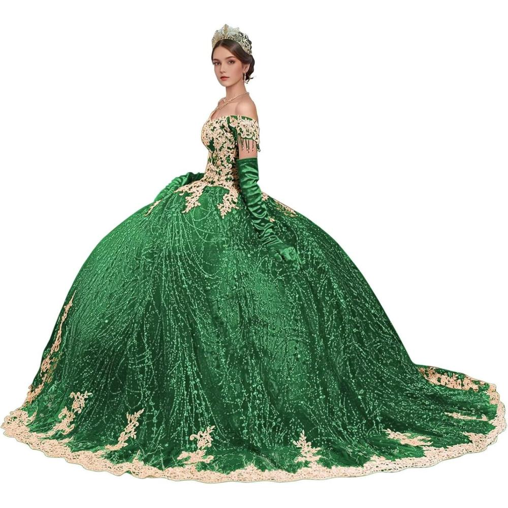 imageYoujiayi Sparkly Gold Appliques Quinceanera Dresses Puffy Tulle Sequin Ball Gown Off Shoulder Lace Beaded Sweet 16 DressesEmerald Green