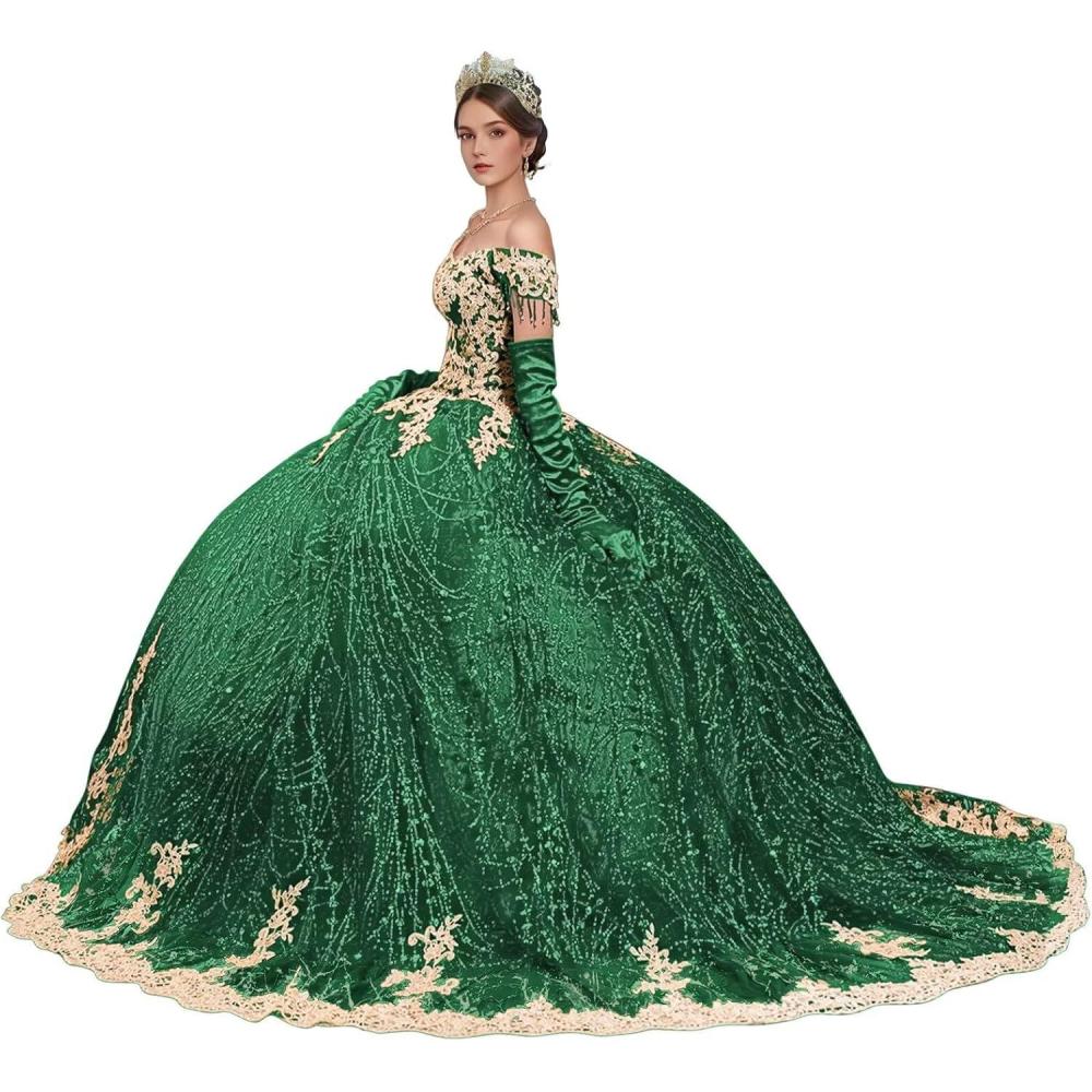 imageYoujiayi Sparkly Gold Appliques Quinceanera Dresses Puffy Tulle Sequin Ball Gown Off Shoulder Lace Beaded Sweet 16 DressesGreen