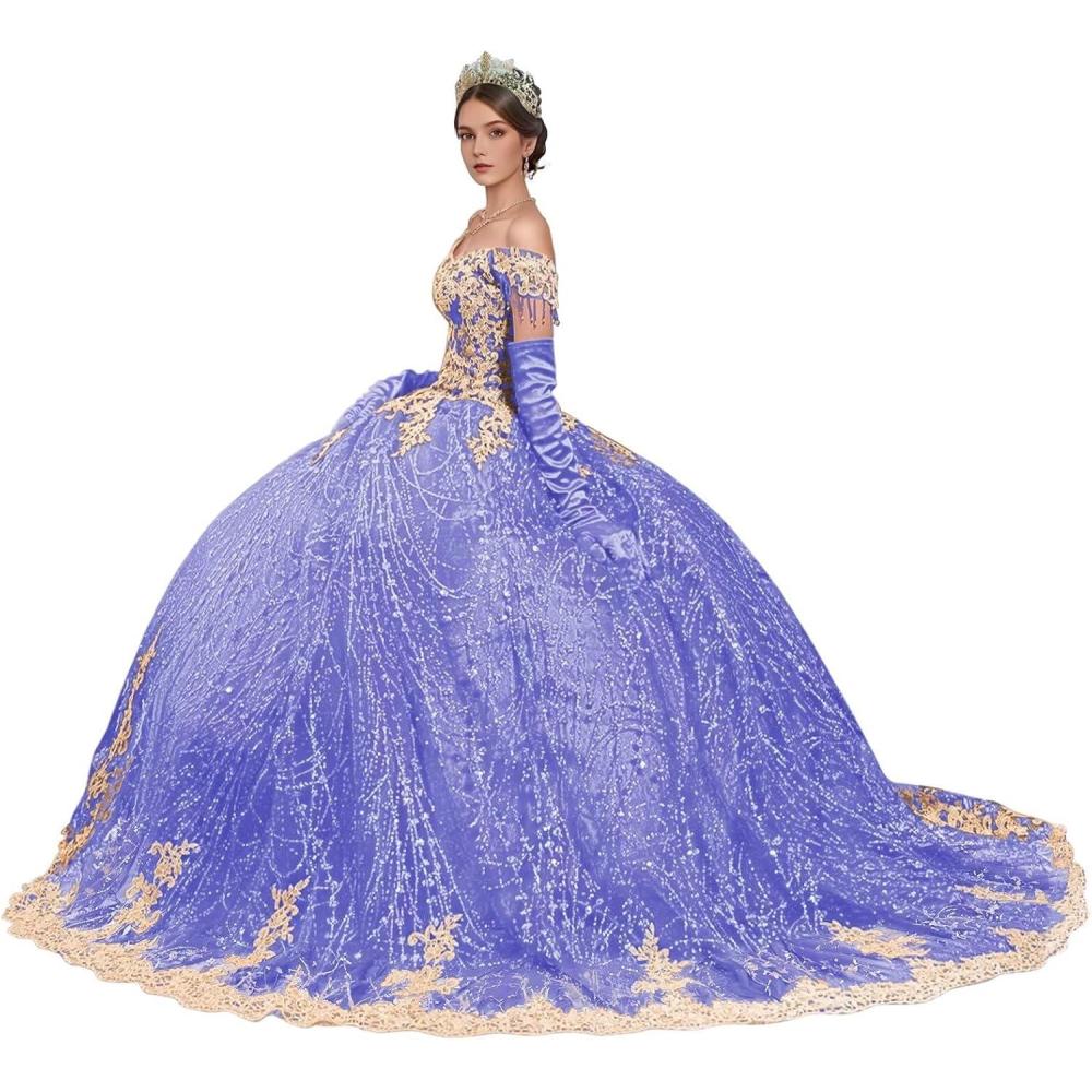 imageYoujiayi Sparkly Gold Appliques Quinceanera Dresses Puffy Tulle Sequin Ball Gown Off Shoulder Lace Beaded Sweet 16 DressesLavender Deep