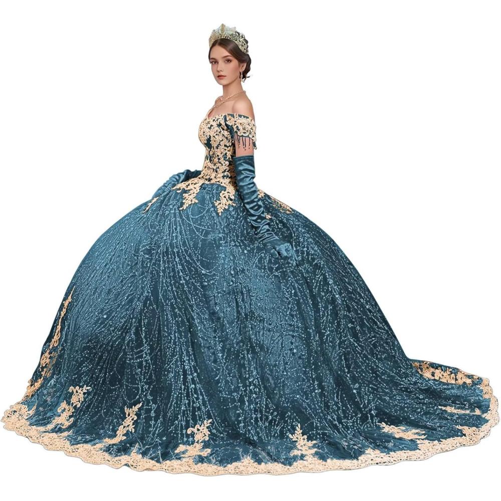 imageYoujiayi Sparkly Gold Appliques Quinceanera Dresses Puffy Tulle Sequin Ball Gown Off Shoulder Lace Beaded Sweet 16 DressesTeal