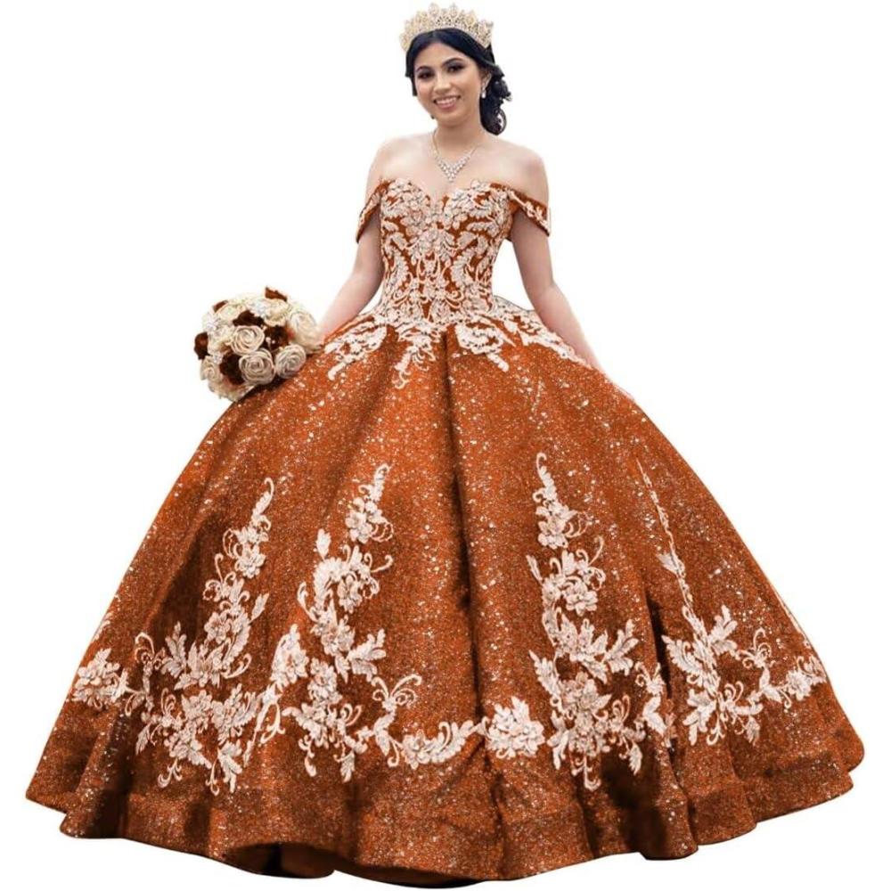 imageYoujiayi Sparkly Sequin Quinceanera Dresses Gold Appliques Ball Gowns Off Shoulder Beaded Sweet 16 Dresses for WomenBurnt Orange