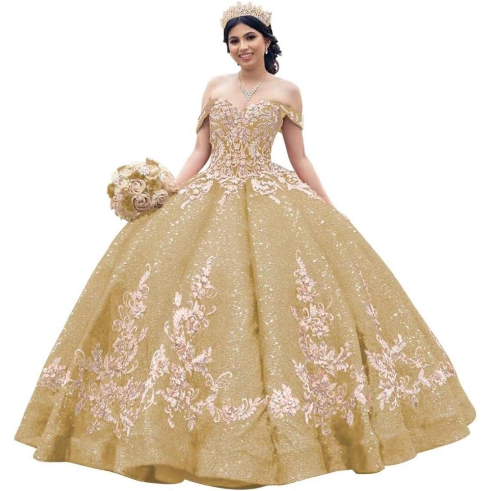 imageYoujiayi Sparkly Sequin Quinceanera Dresses Gold Appliques Ball Gowns Off Shoulder Beaded Sweet 16 Dresses for WomenChampagne