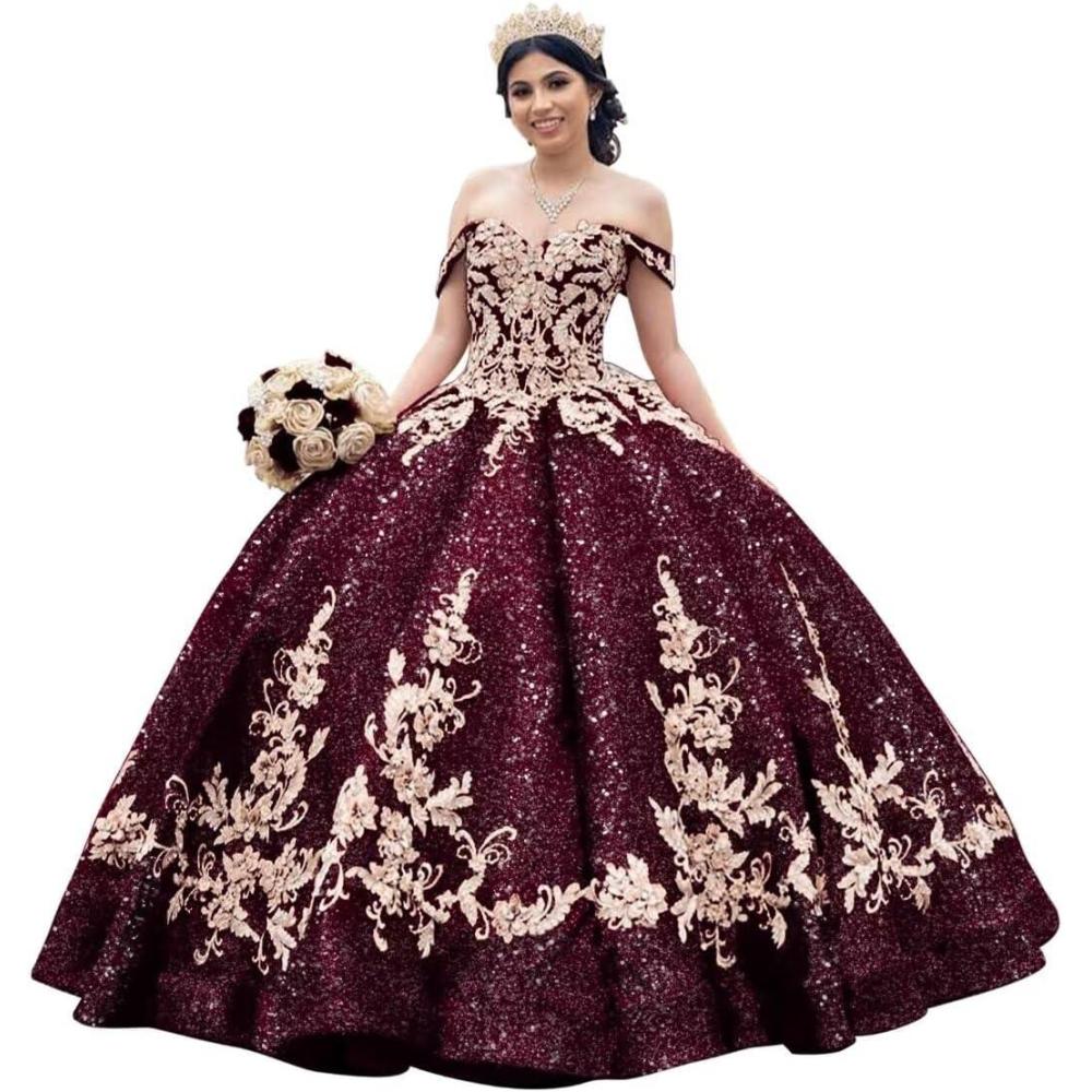 imageYoujiayi Sparkly Sequin Quinceanera Dresses Gold Appliques Ball Gowns Off Shoulder Beaded Sweet 16 Dresses for WomenDeep Burgundy