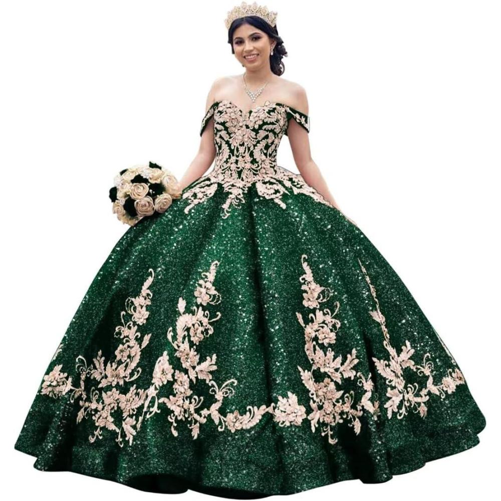 imageYoujiayi Sparkly Sequin Quinceanera Dresses Gold Appliques Ball Gowns Off Shoulder Beaded Sweet 16 Dresses for WomenDeep Green