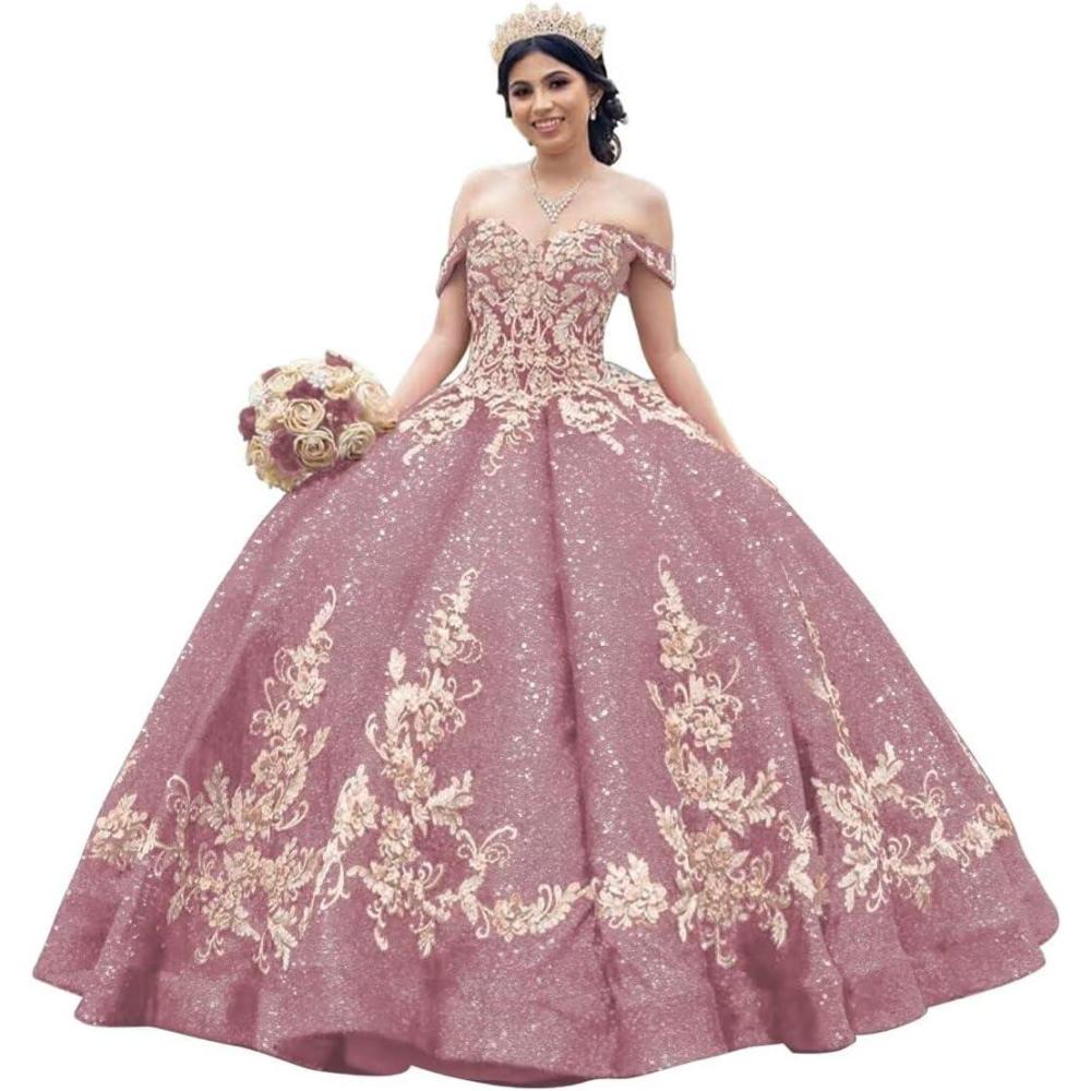 imageYoujiayi Sparkly Sequin Quinceanera Dresses Gold Appliques Ball Gowns Off Shoulder Beaded Sweet 16 Dresses for WomenDusty Pink