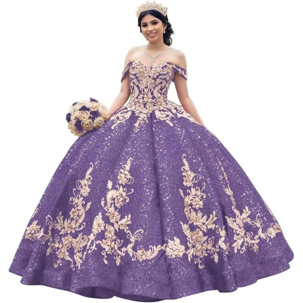 imageYoujiayi Sparkly Sequin Quinceanera Dresses Gold Appliques Ball Gowns Off Shoulder Beaded Sweet 16 Dresses for WomenDusty Purple