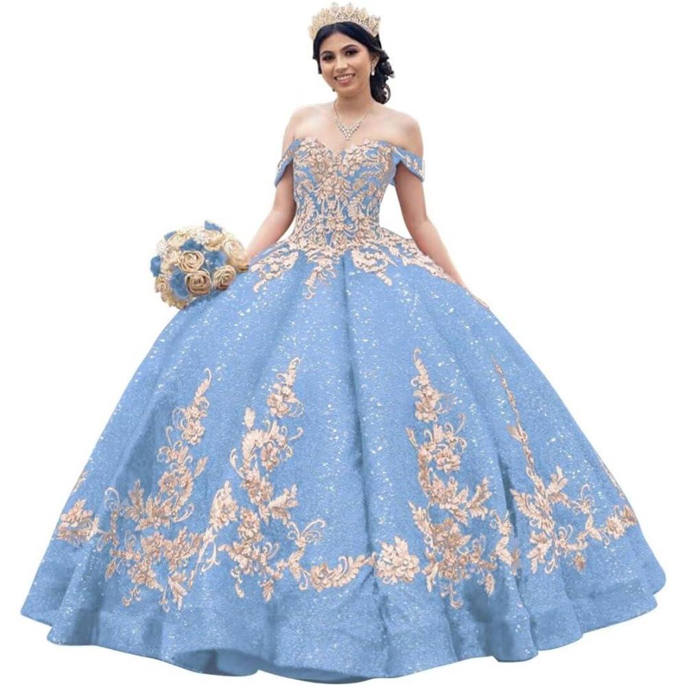 imageYoujiayi Sparkly Sequin Quinceanera Dresses Gold Appliques Ball Gowns Off Shoulder Beaded Sweet 16 Dresses for WomenLight Blue