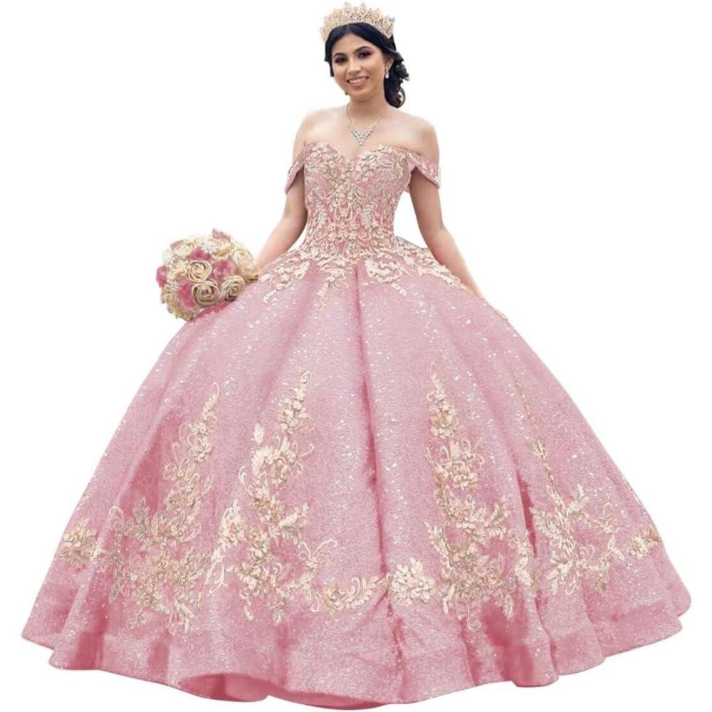 imageYoujiayi Sparkly Sequin Quinceanera Dresses Gold Appliques Ball Gowns Off Shoulder Beaded Sweet 16 Dresses for WomenLight Pink