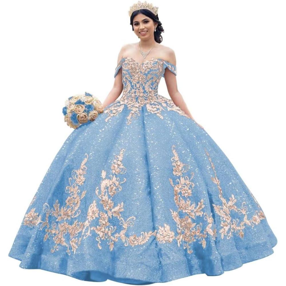 imageYoujiayi Sparkly Sequin Quinceanera Dresses Gold Appliques Ball Gowns Off Shoulder Beaded Sweet 16 Dresses for WomenSky Blue