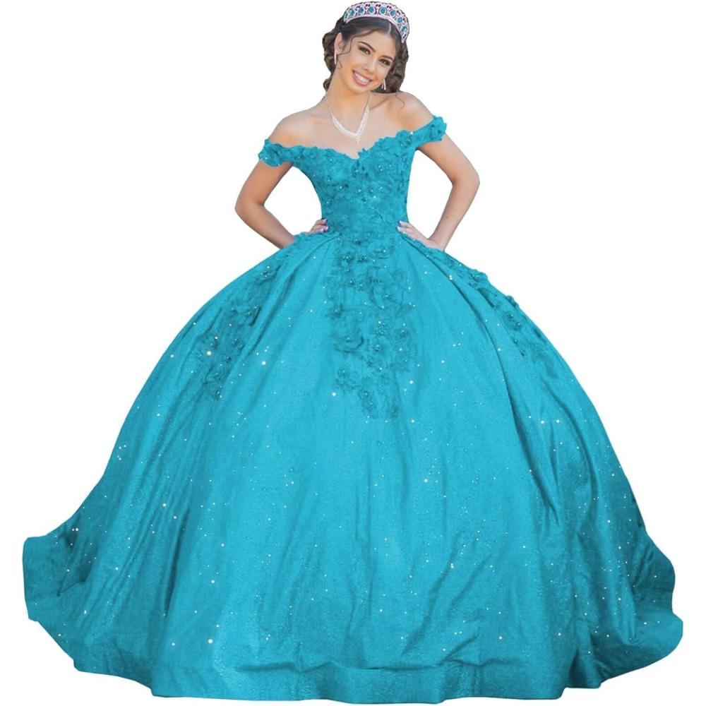 imageYoujiayi Womens 3D Floral Quinceanera Dresses Long Puffy Tulle Ball Gowns Off Shoulder Prom Dress YJY69Blue