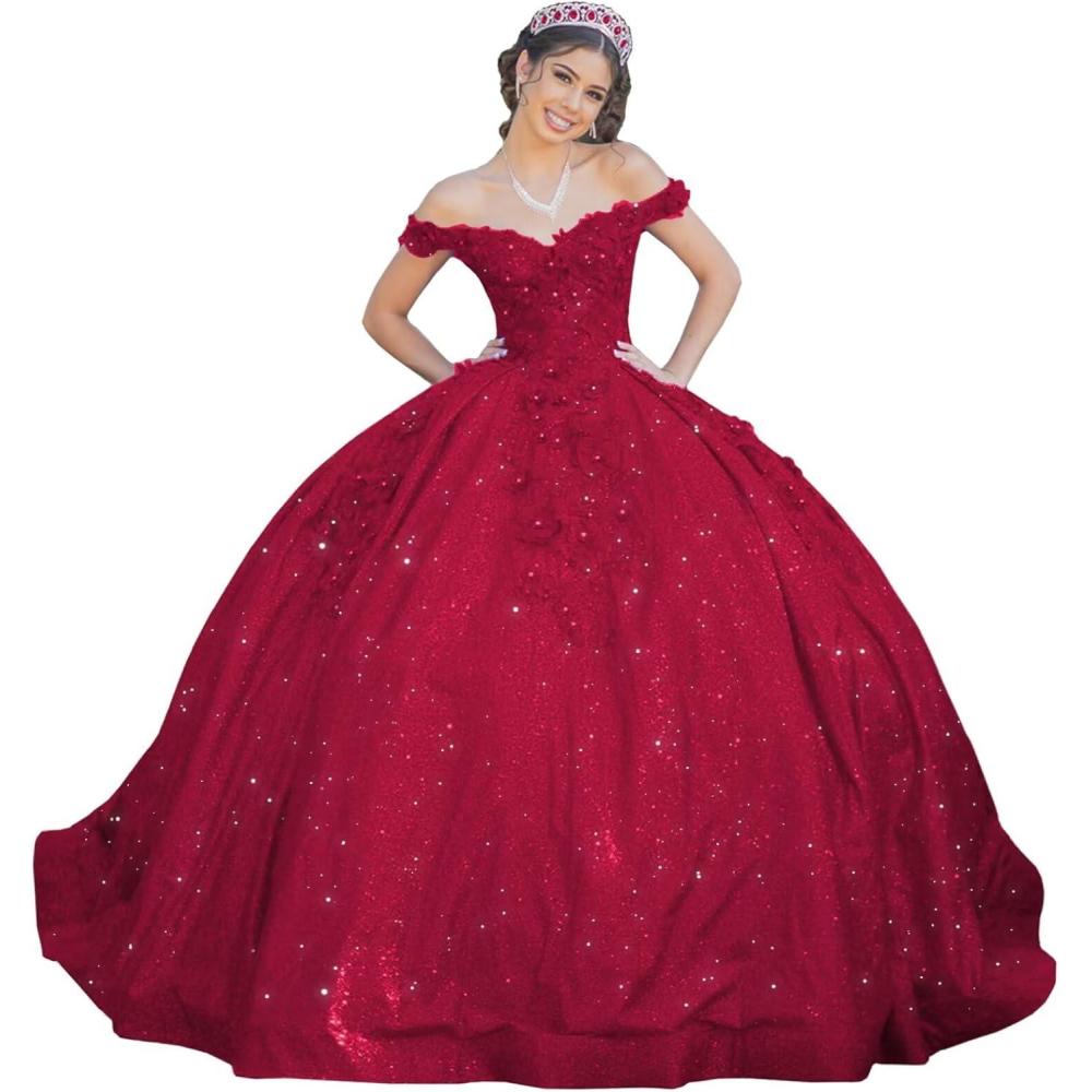 imageYoujiayi Womens 3D Floral Quinceanera Dresses Long Puffy Tulle Ball Gowns Off Shoulder Prom Dress YJY69Burgundy